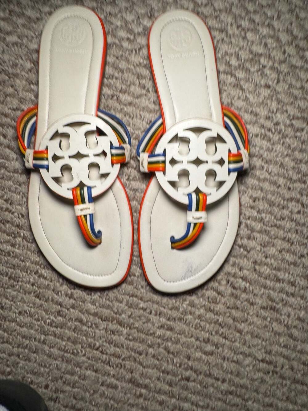 Tory Burch Mignon Miller White Leather Sandals with Rainbow Multicolor Straps